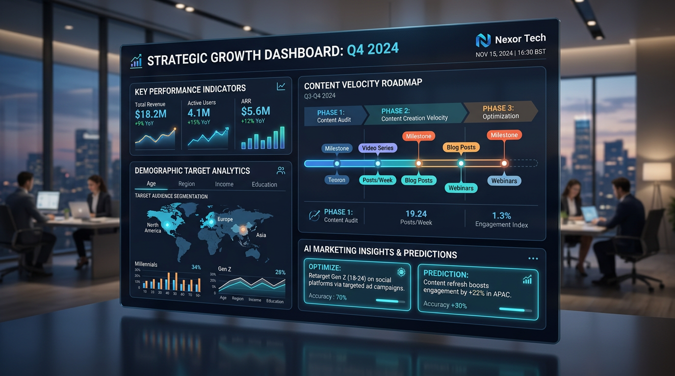 Marketing ecosystem dashboard showing content velocity and targeting analytics